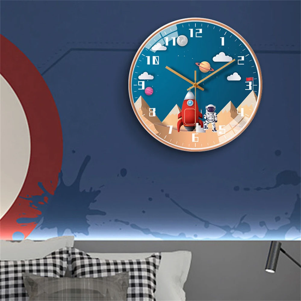 Round Wall Clock for Kids Battery Operated 20cm/8in Space Travel Style Watch Small Silent Children Room Wall Clock