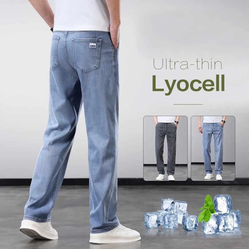 High Quality Summer Thin Soft Breathable Lyocell Fabric Men's Jeans Business Straight Denim Pants Man Elastic Casual Trousers 40