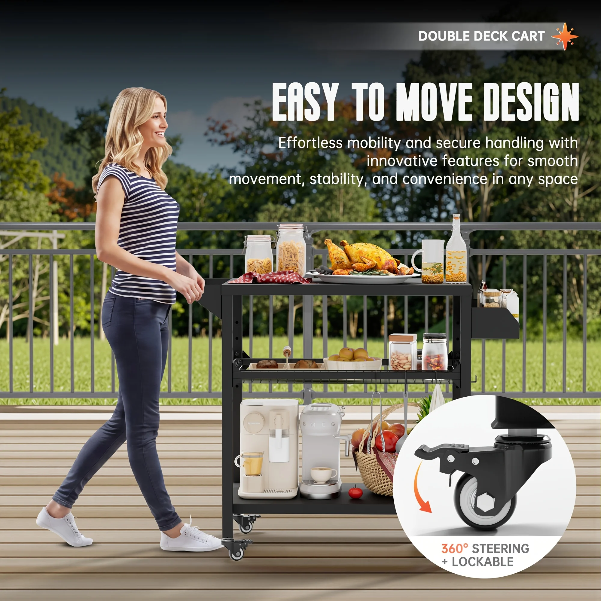 Outdoor Grill Table with Wheels, Kitchen Cooking Prep Table Movable BBQ Grill Cart for Garden, Camping,Home Party,Bar,Pizza Oven