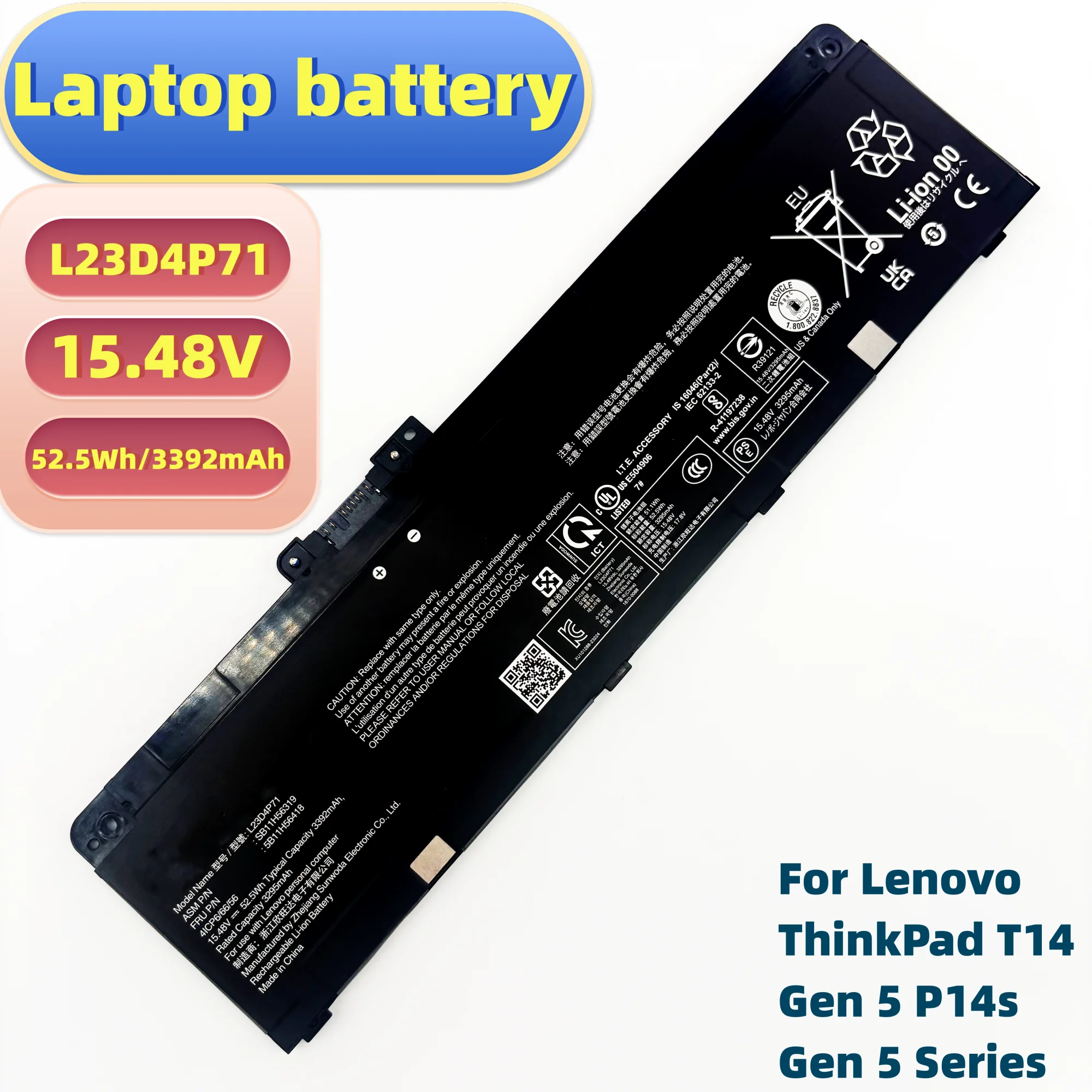 

L23D4P71 15.48V 52.5WH 3392mAh Высококачественная замена аккумулятора для ноутбуков Lenovo ThinkPad T14 Gen 5 и P14s Gen 5 Series