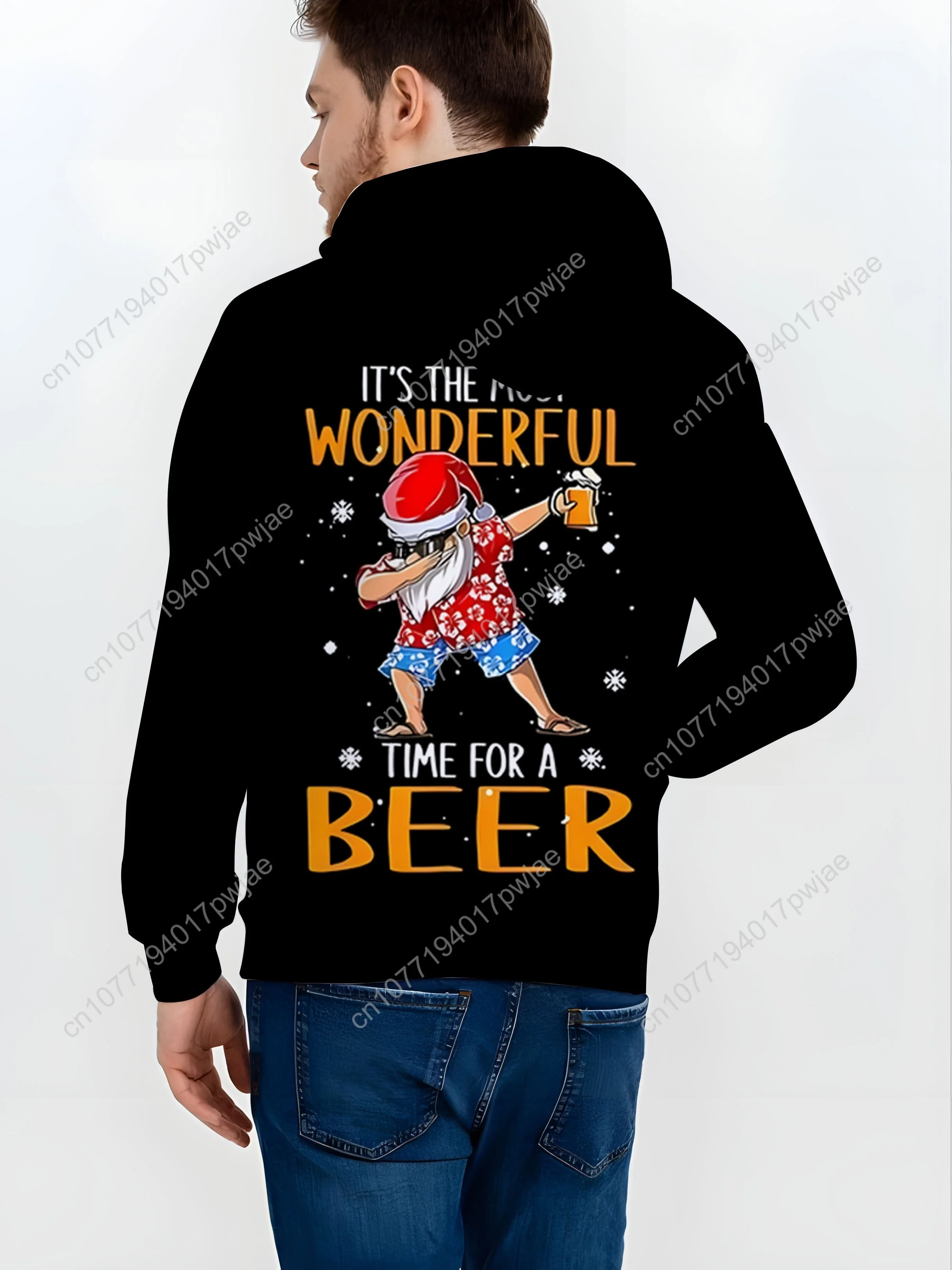 Christmas Santa Hat Pattern Hoodie for Men - Casual Polyester Knit Fabric with Hood, Regular Fit, Novelty Beer-Themed Design