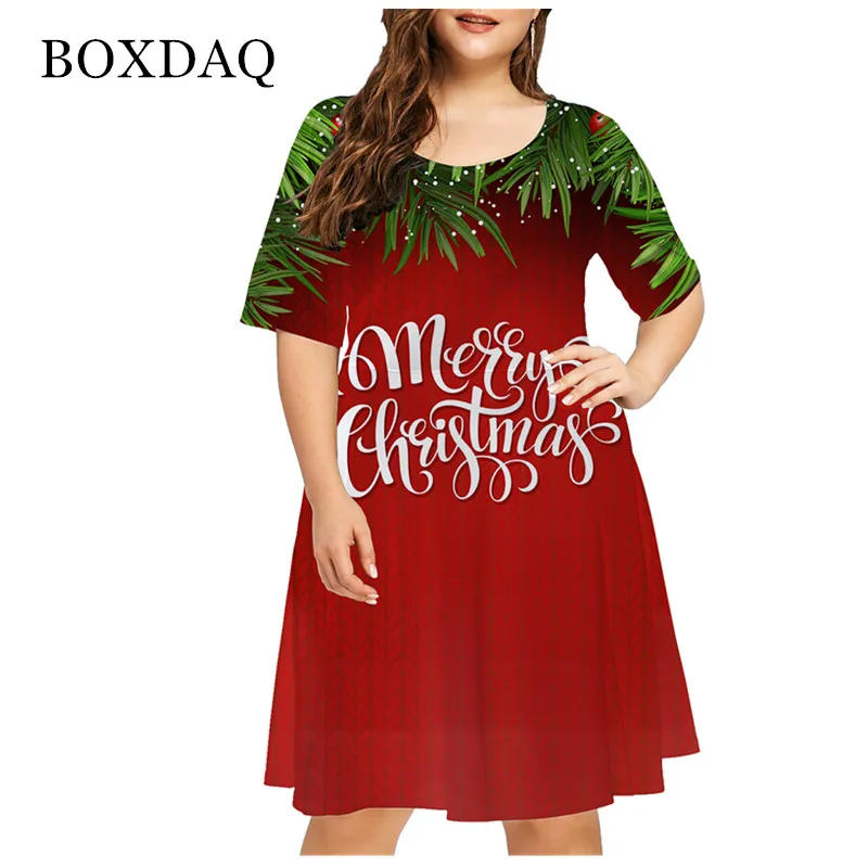 6XL Plus Size Women Clothing Red Christmas Elk Fashion Funny Cute Short Sleeve Print Dress X-Mas Snowman Snowflake Loose Dresses