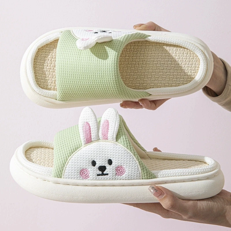 

Cute Cartoon Rabbit House Slippers Women Spring Autumn Soft Anti Slip Linen Slippers for Woman Mix Color Platform Slides Mujer