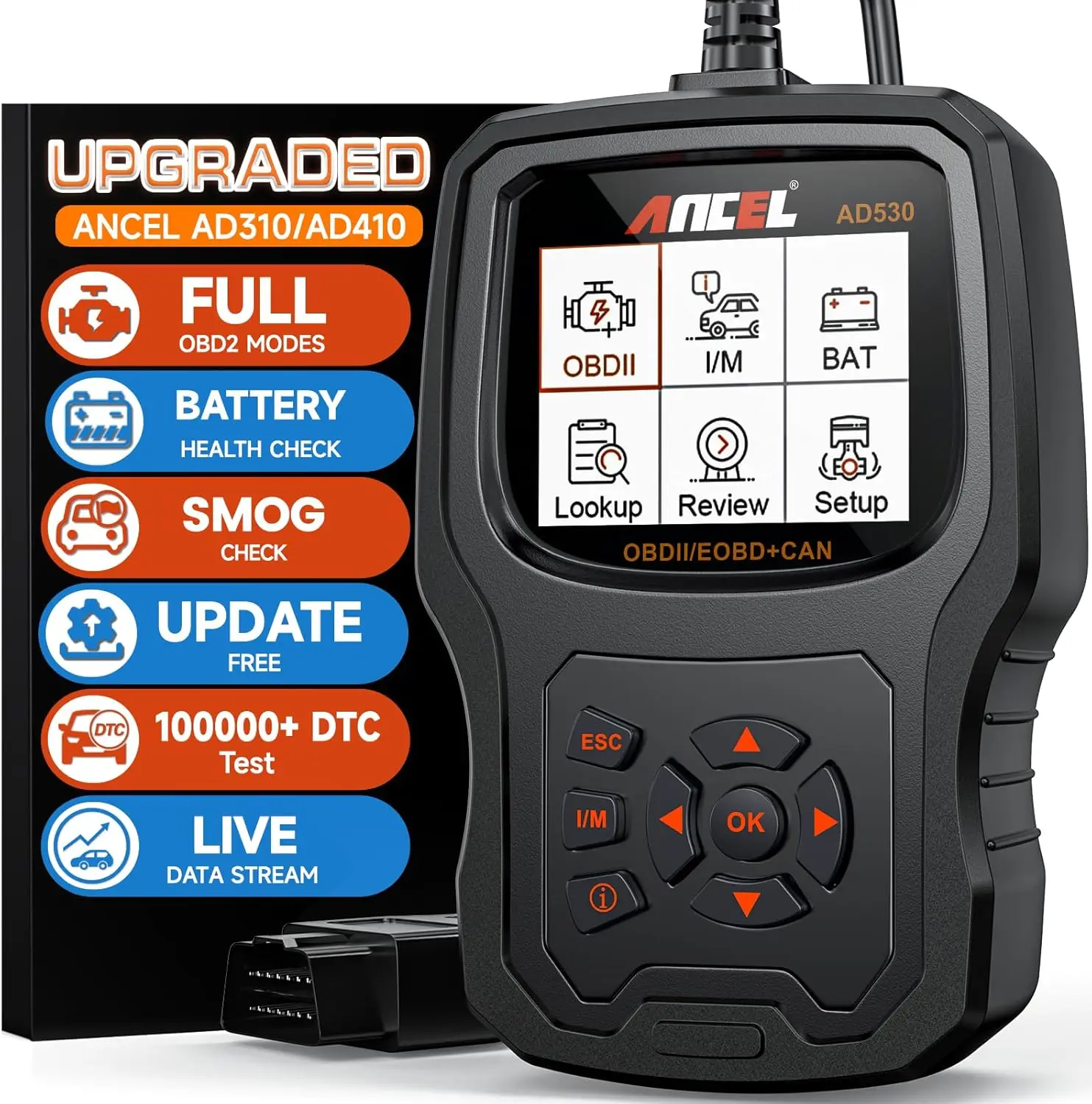 

Upgraded OBD2 Scanner with Battery Tester - Read/Clear Codes, Live Data for 1996+ Cars