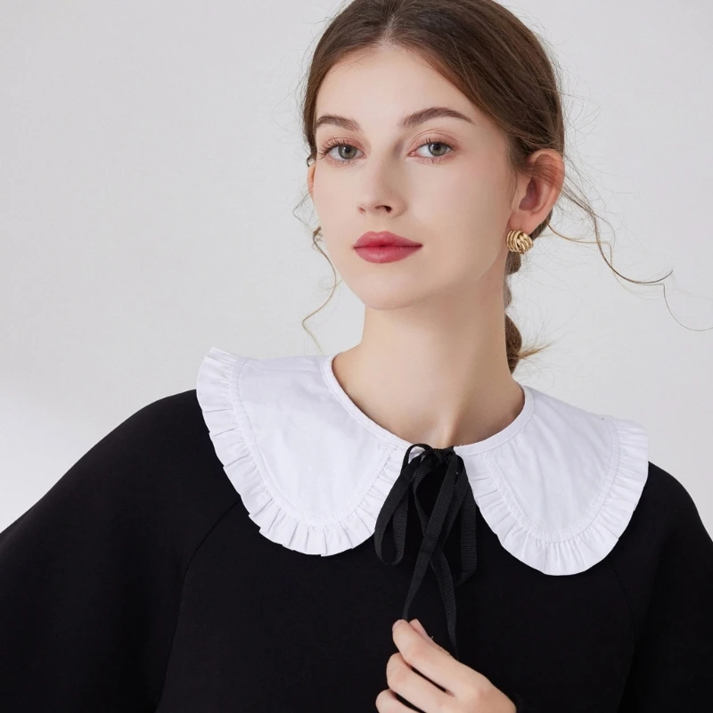 

Sweet Girls Pleated Trim Petal Collar Woman Shirt Decorative Collar with Self-Tie Rope Detachable Neckline Shoulder Wrap Cape