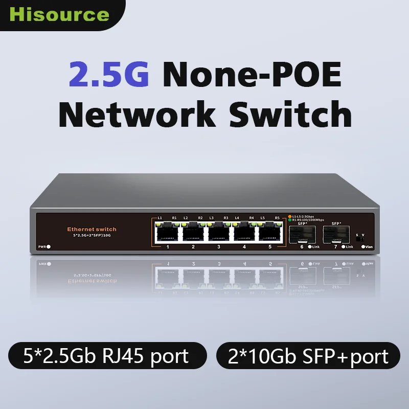 

Hisource 2,5G неуправляемый сетевой коммутатор None-POE 5-портовый Ethernet-коммутатор с 2*10G SFP+