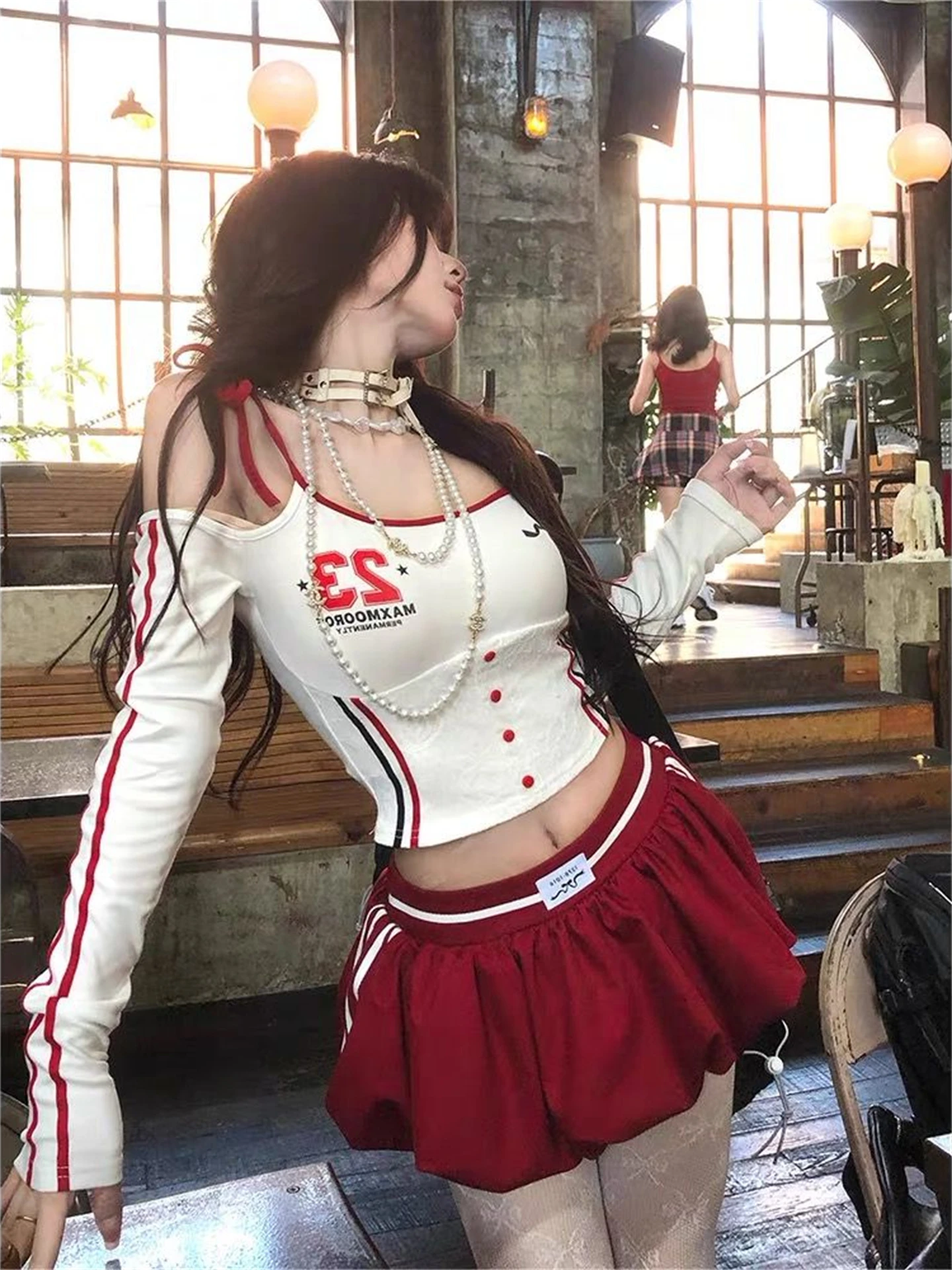 

Американский комплект Sle Spor для девочек, женский комплект ранней осени для похудения с высокой талией, юбка с высокой талией, комплект из двух предметов