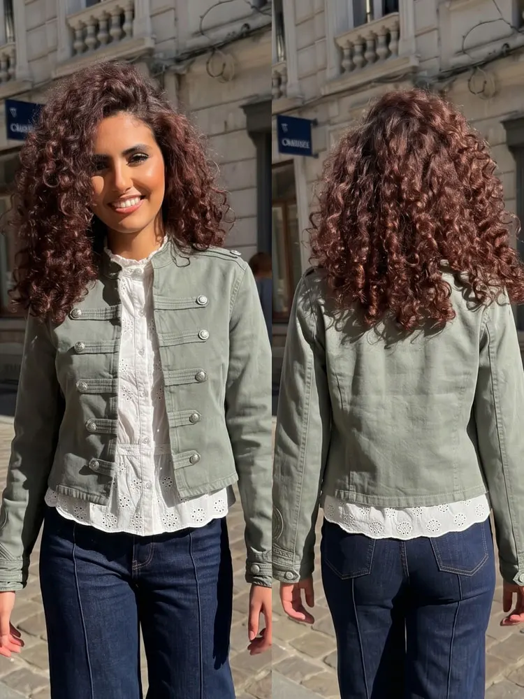 

HH Women Chic Slim Denim Jacket Spring Fashion Elegant Long Sleeve Stand Neck Double Breasted Coats Outwear