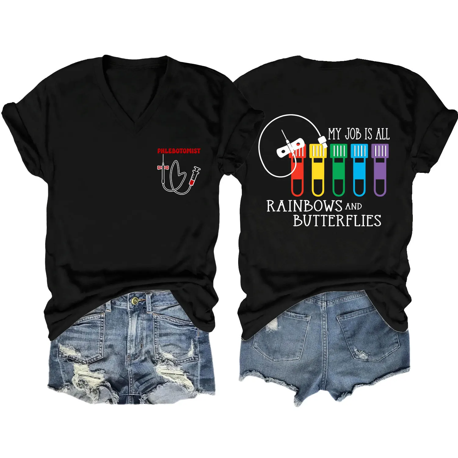 

Korean version creative printed loose-fitting short-sleeved women's casual all-purpose slimming V-neck T-shirt