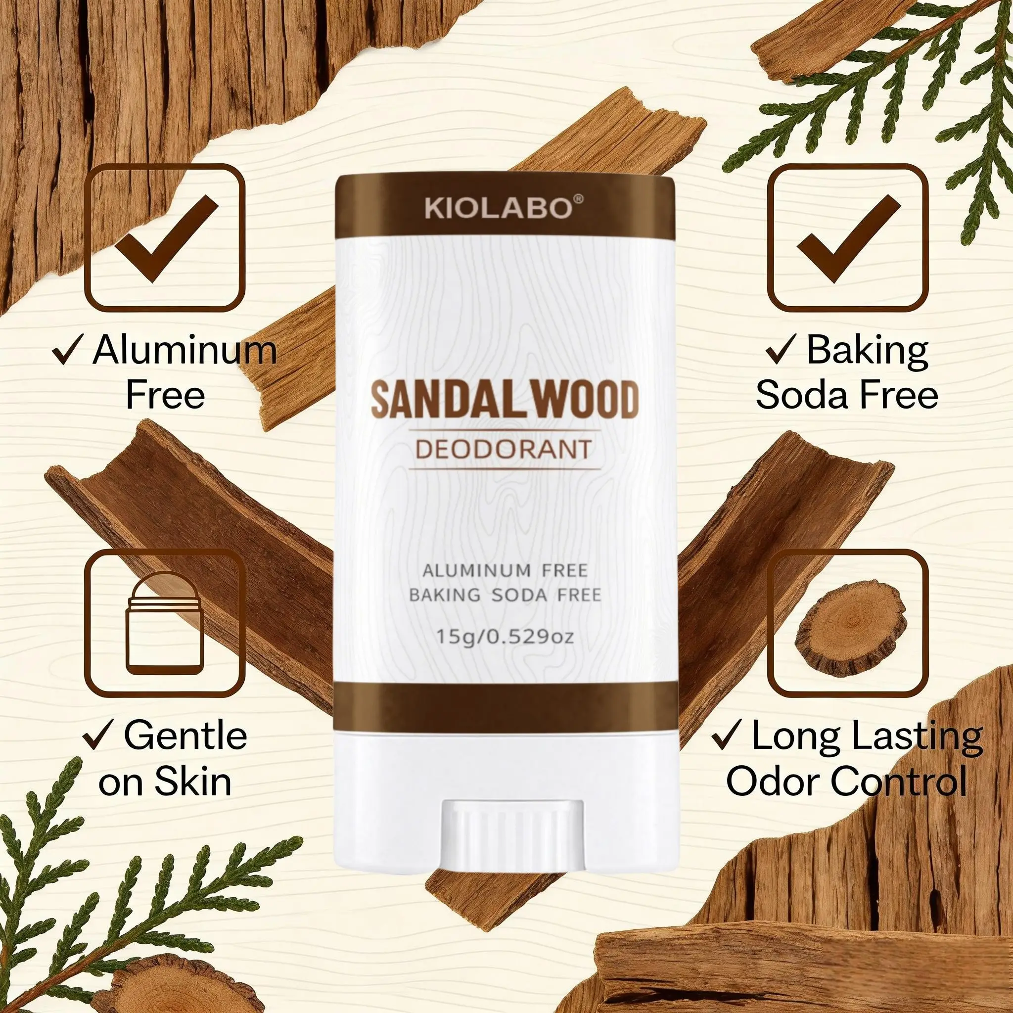 15g Natural Sandalwood Deodorant Balm, Aluminum Free, 72H Long Lasting Fragrance for Women & Men, For All Body Parts