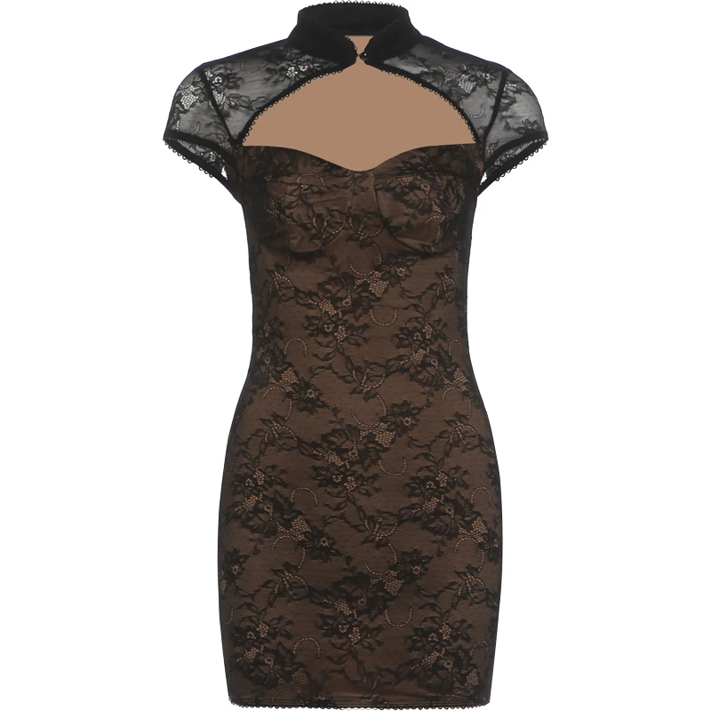 Weird Puss Blumen-Dekorationskleid für Damen, Hottie Patchwork-Spitze, hohler Stehkragen, eng anliegendes Hottie-Midnight-Sexy-Mini-Bodycon-Kleid – Detail 2