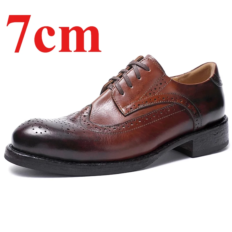 Brown Washed Cowhide Men's Dress Shoes 7cm Elevator Wedding Shoes Male Business Breathable Comfortable Height Increasing Shoes