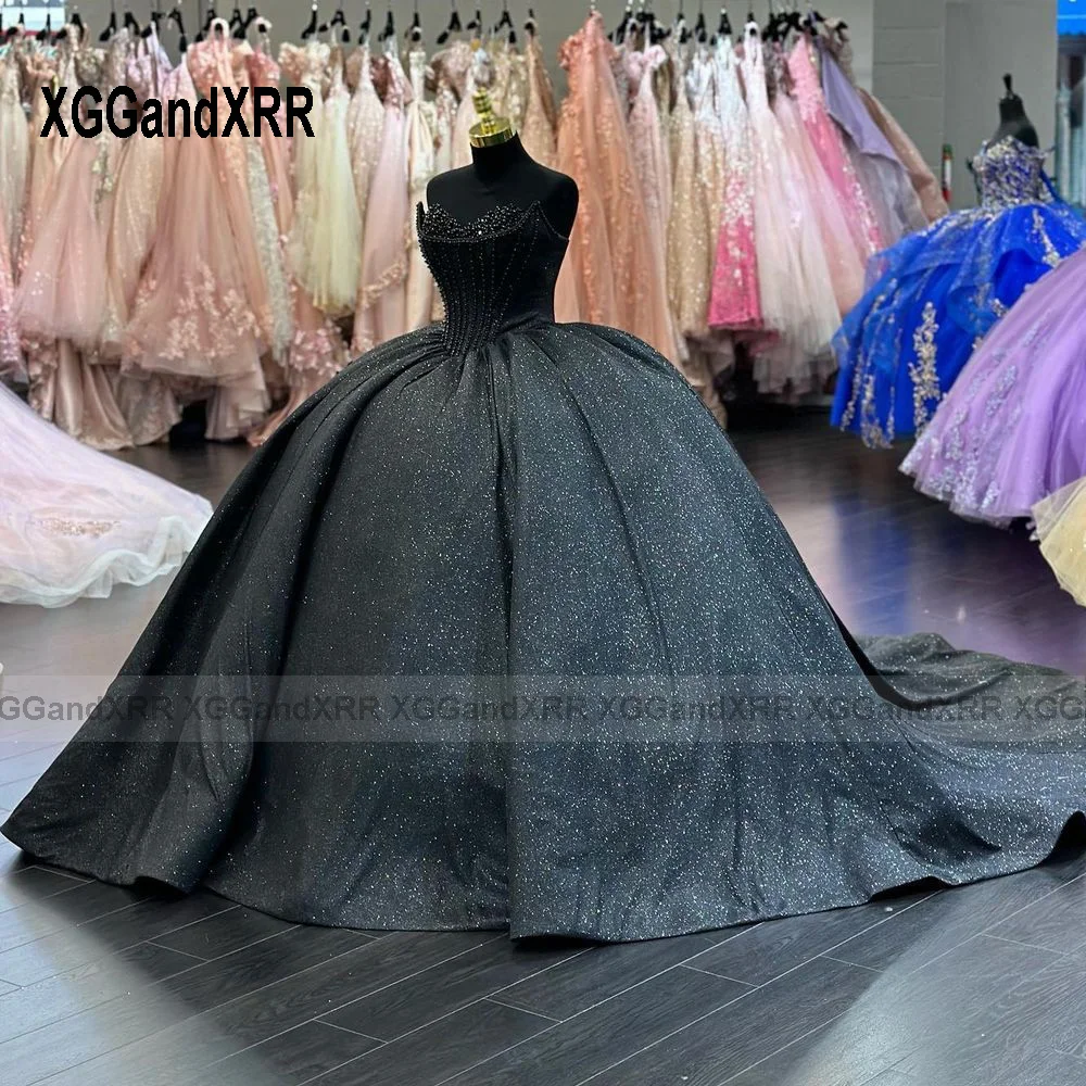 Schwarze Quince nrea Kleider elegante Schatz Perlen Ballkleid Ballkleid funkelnd süß 15 16 Prinzessin Geburtstags feier Kleid