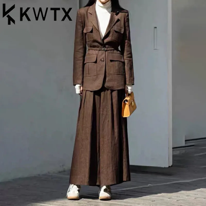 

KWTX 2 Piece Blazer Skirt Set Coffee Casual Waist Tie Pockets Elegant Light High Quality Spring Summer 2025 Trendy Fashion
