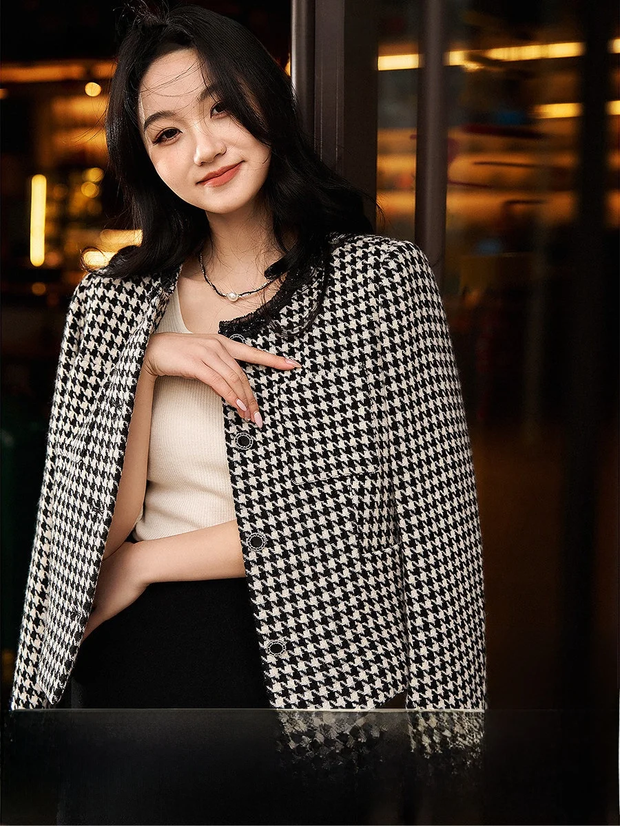 

Пальто женское прямого кроя из тонкой шерсти в клетку Xiao Han Ge, теплое, новинка весенней коллекции