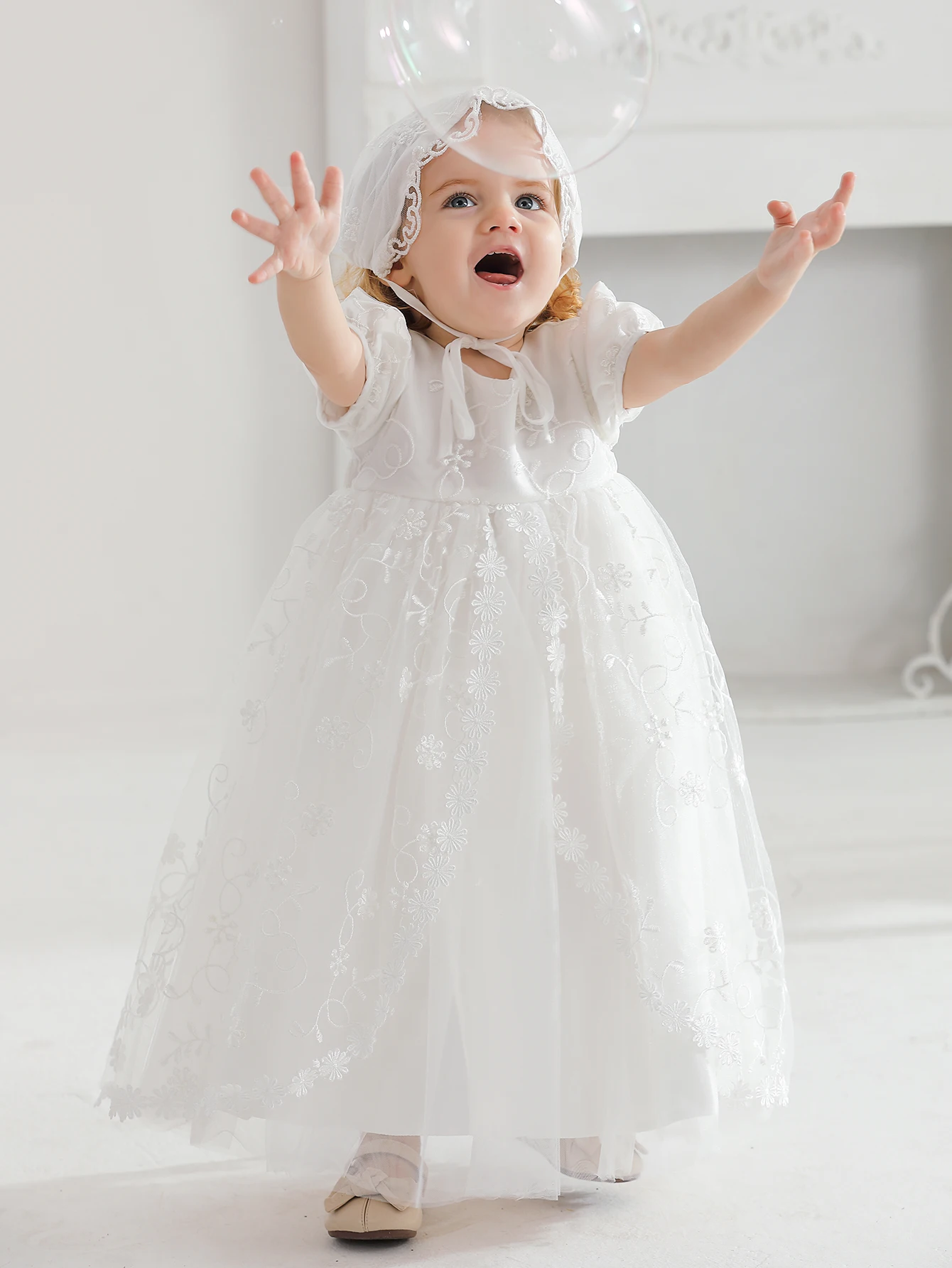 Baby Girl Baptism Dress Lace Christening Baptism Gowns Dresses with Bonnet Birthday Party Dress