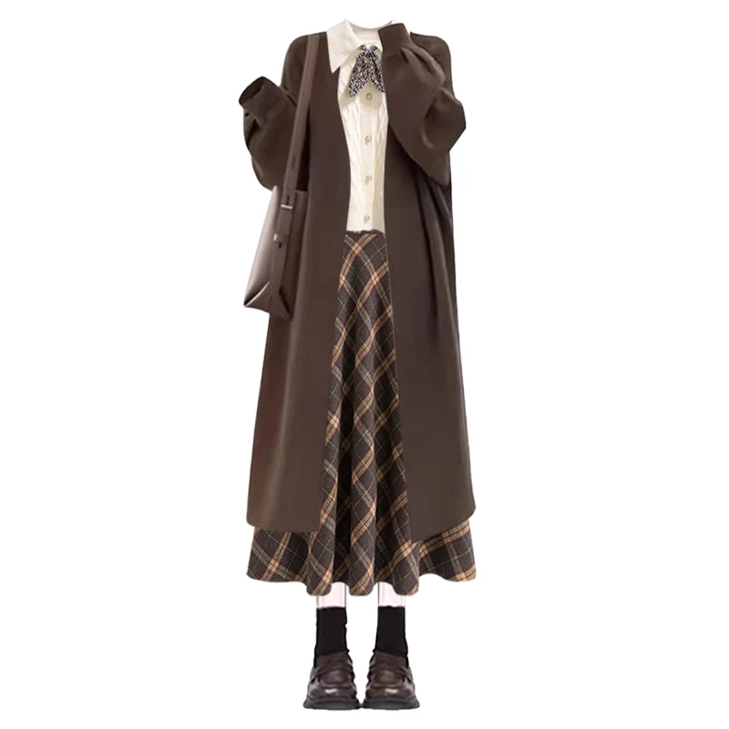 Zimowy Zestaw Damski w Stylu Koreańskim: Elegancki Komplet Spódnica i Sweter z Płaszczem, Luksusowy Wygląd, Długi Sweter, Komplet z Długim Rękawem