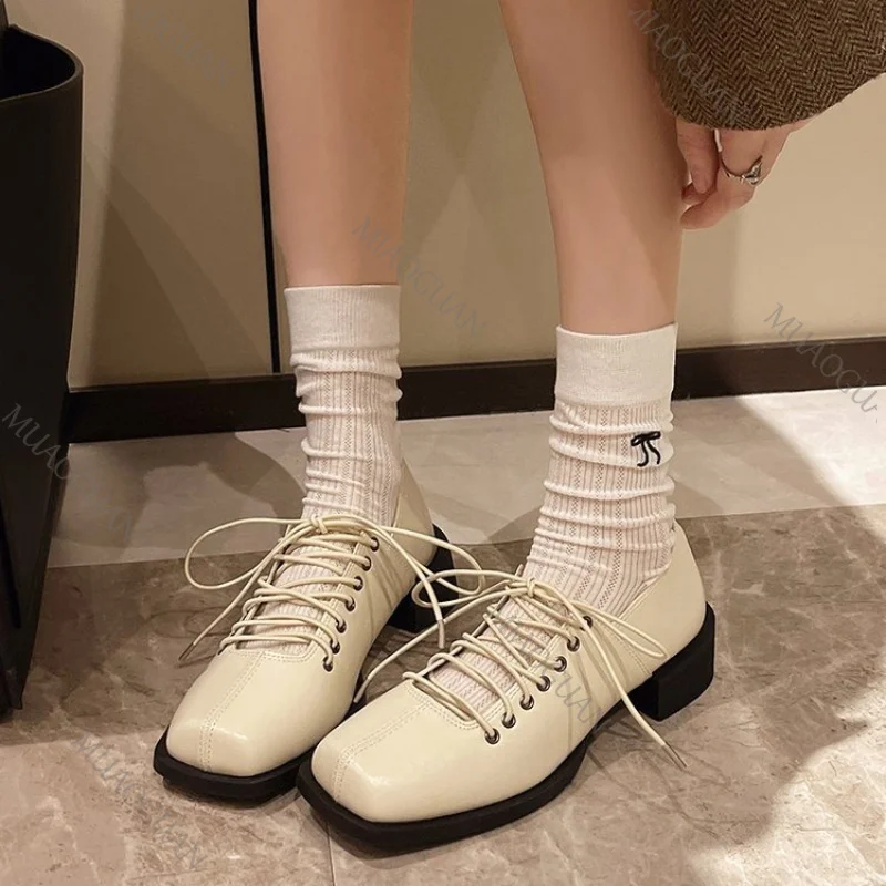

Vintage Mary Janes Shoes Women Retro Mid Heels Cross tied Comfy Loafers Fashion Square Head No Slip Dress Ladies Footwears