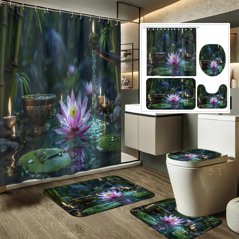 4pcs Zen for Lotus Pond Night Scene Printed Shower Curtain Set, Bathroom Decor Kit Includes Shower Curtain, Non-Slip Mat, Toil