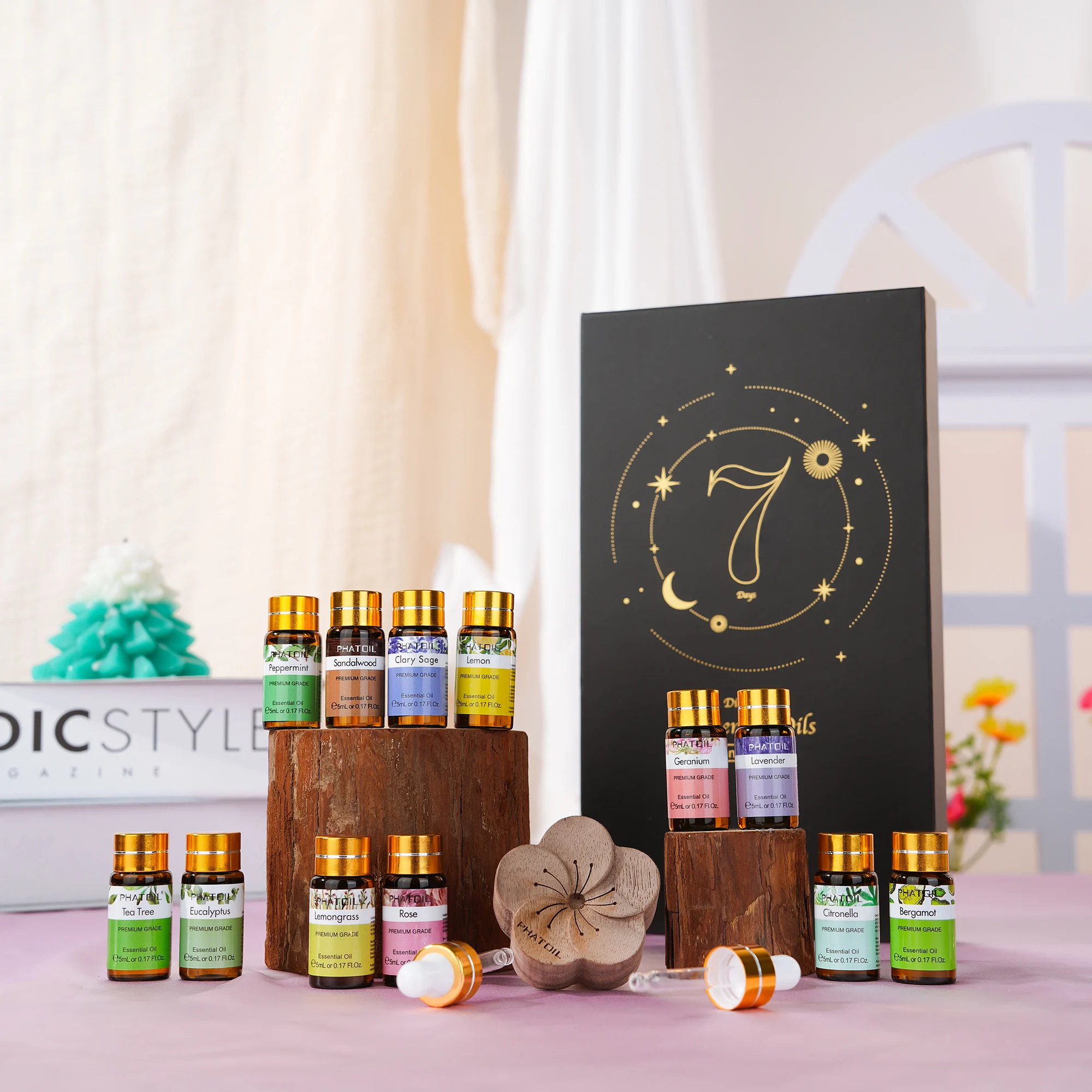 PHATOIL 12 Stück/Set Ätherisches Öl für Auto-Diffusor - 5ml ​ Lavendel Eukalyptus Citronella Bergamotte Sandelholz Pfefferminze Zitronengras Rose Zitrone Teebaum Johanniskraut Salbei Geranie