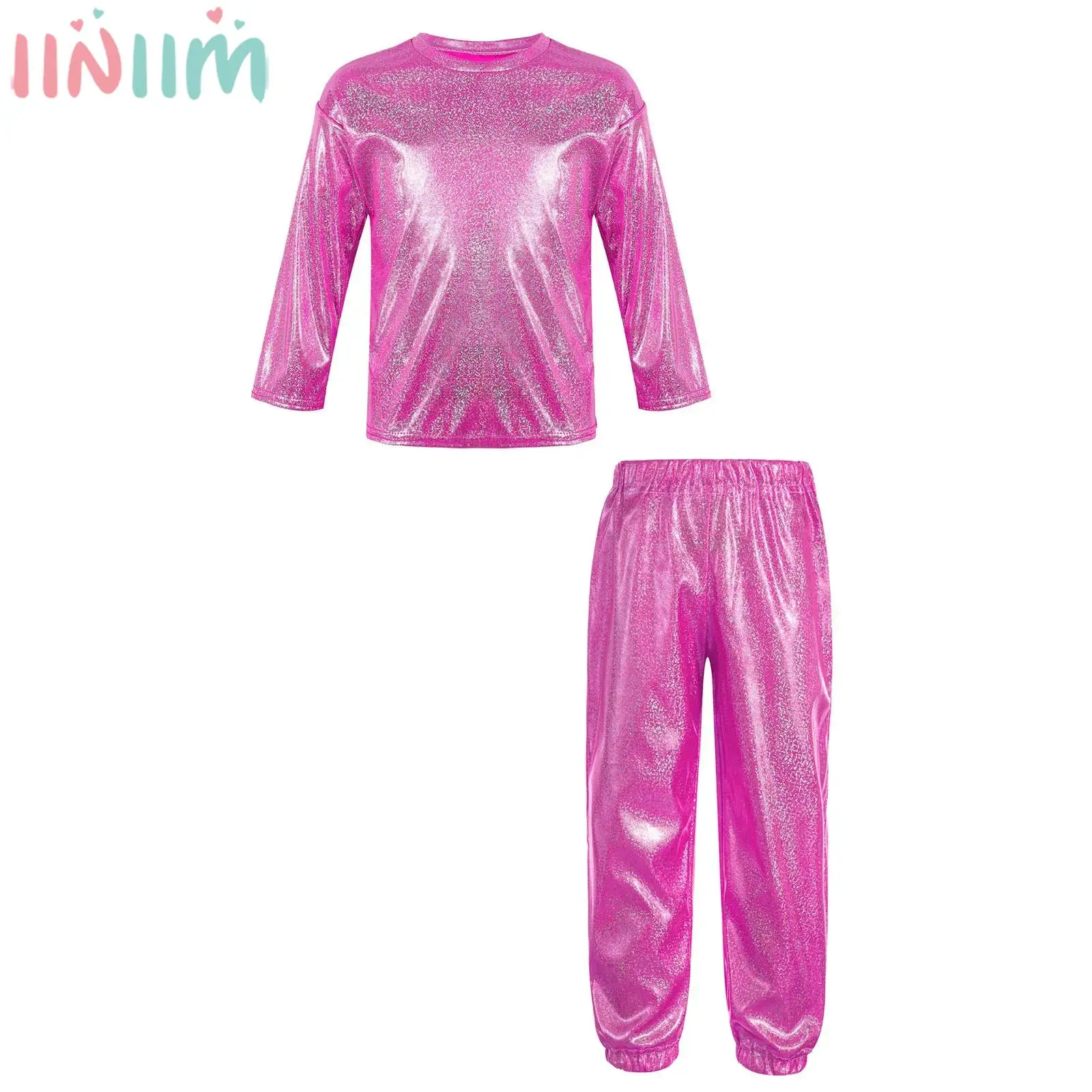 Kids Metallic Hip Hop Jazz Street Dance Stage Performance Costume Set Shiny T-shirt with Pants School Show Birthday Party Outfit