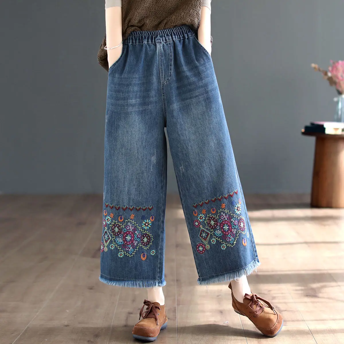 2024 Retro Ethnic Style High Waist Heavy Industry Embroidered Jeans for Women Spring and Autumn New Loose Wide Leg Pants