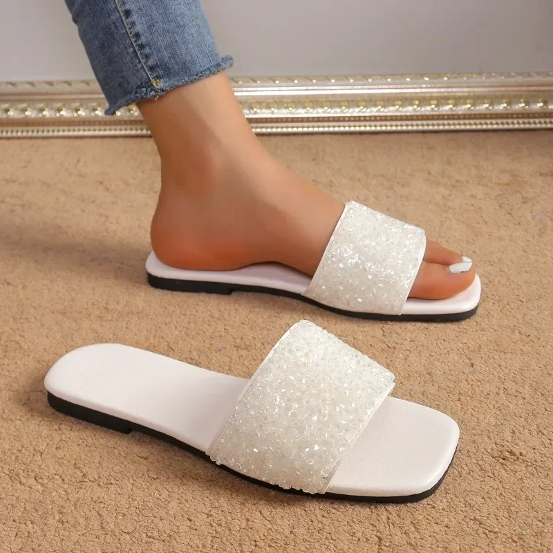 2024 Summer Crystal Women\'s Slippers Open Toed Flat Shoes for Women Fashion Luxury Beach Non-slip Flip Flops Female Zapatos