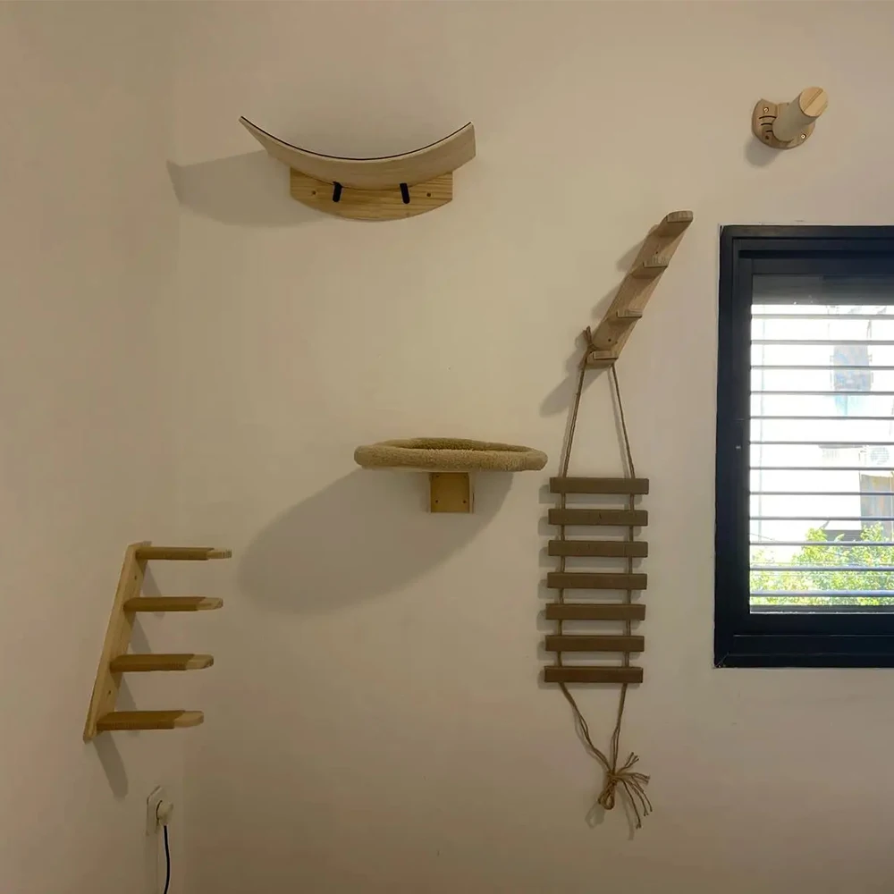 Wall-mounted Cat Nest Hammock Sisal Cat Scratching Post Four-step Ladder Kitten Play Sleeping Platform Pedal Indoor Furniture