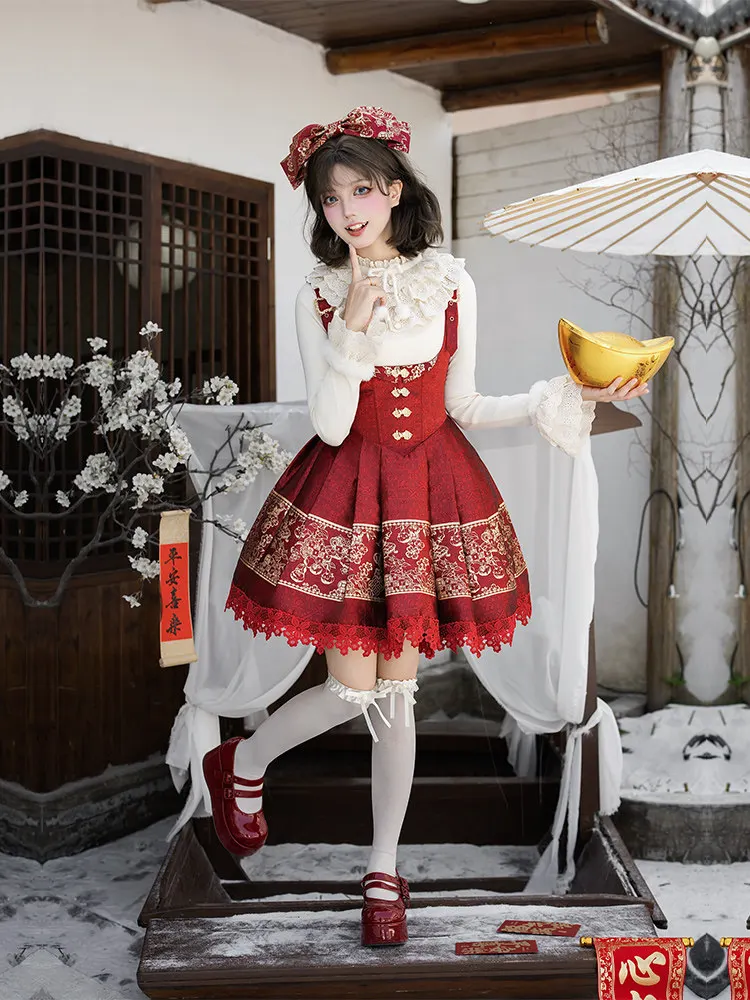 오리지널 프렌치 엘레강트 신년 로리타 드레스 세트 긴 소매 이너 셔츠 레드 플리츠 스트랩 스커트 투피스 세트 여성용 겨울