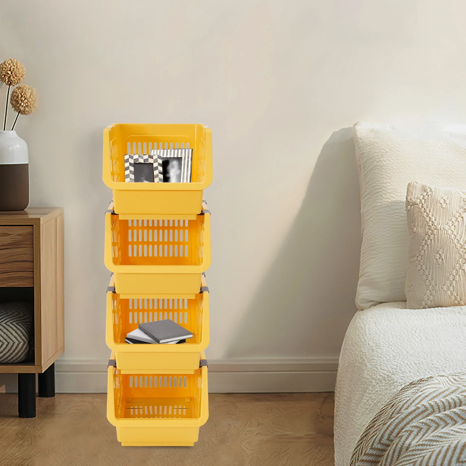 9.5" 스태킹 스토리지 바구니 4PCS 직사각형 쌓을 수있는 주최자 바구니 바닥 스탠딩 상자 노란색 이상적인 선물 24*34*76cm
