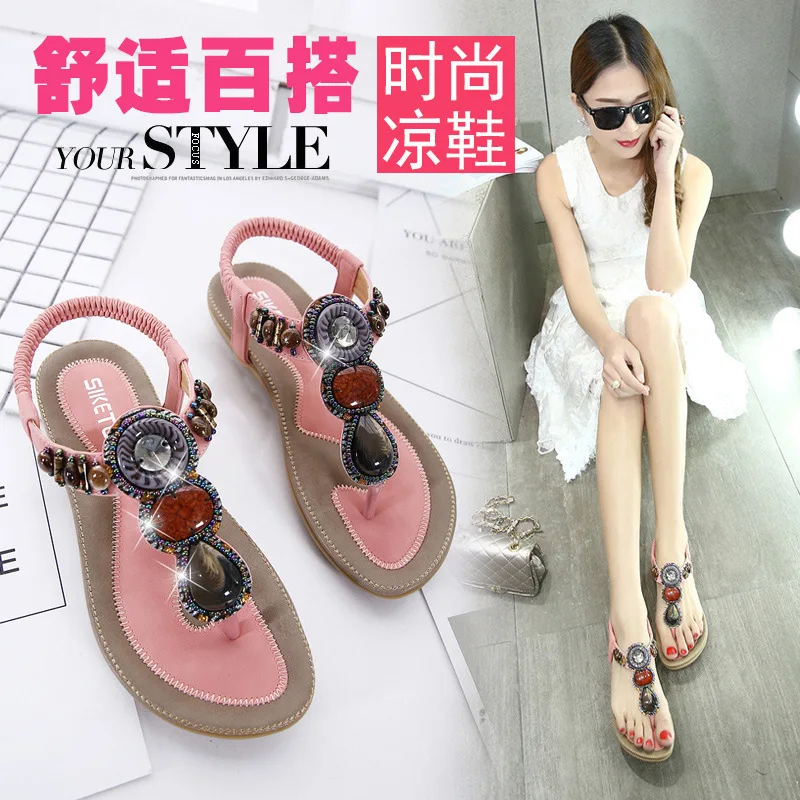 SIKETU Brand Summer Fashion 2022 BOHO Retro Beaded Jeweled Sandals donna Beach tacchi piatti Extoic Sweet T-strap Shoes Clip Toe 42