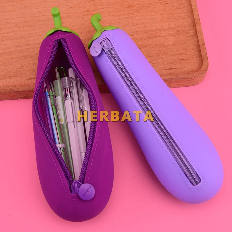 Eggplant Silicone Jelly Pencil Case - Cute Cartuchera Pen Bag for Kids, Student School Supplies Storage Box