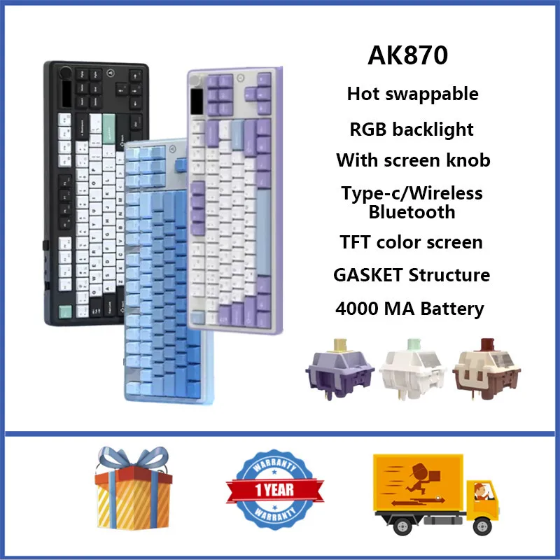 

AJAZZ ak870 Wireless Mechanical Keyboard GASKET Structure RGB Hot swappable Custom Keyboard With Screen Knob