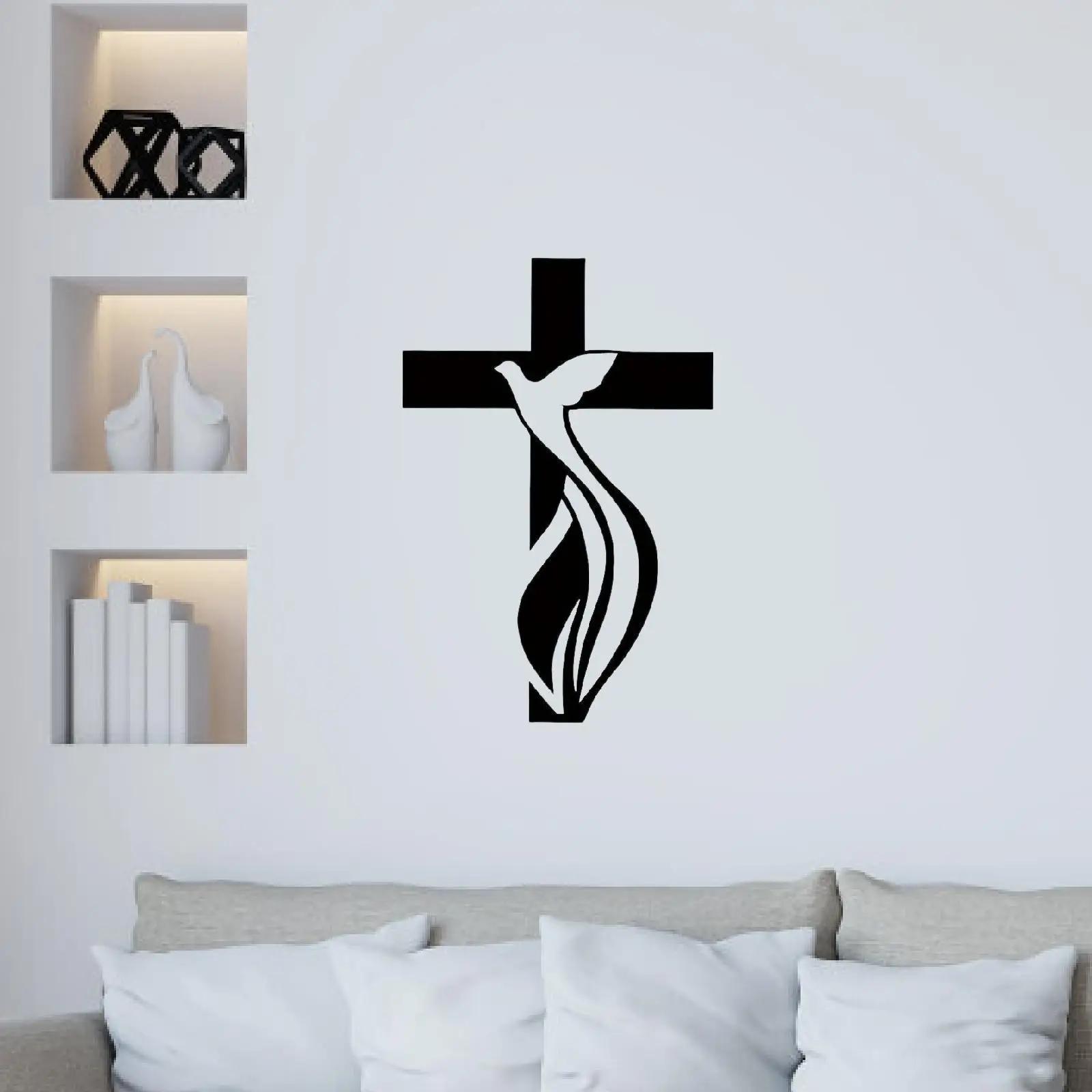 Cross Metal Wall Decor Dove Art Decorative Easy to Hang Elegant Minimalist Wall Sculpture for Bedroom Study Farmhouse Decor