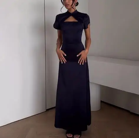Autumn New Women's Chic Satin Solid Color Maxi Dress Traditional Stand Collar and Modern Cutout Combine Slimming Dress