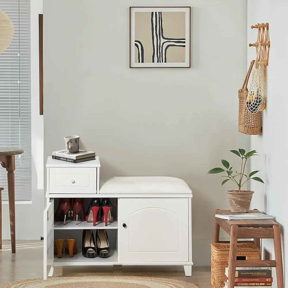 

Shoe Storage Cabinet with Fireproof PU Mat, Storage Bench, Double Doors and Removable Drawer for Door Entry Wood