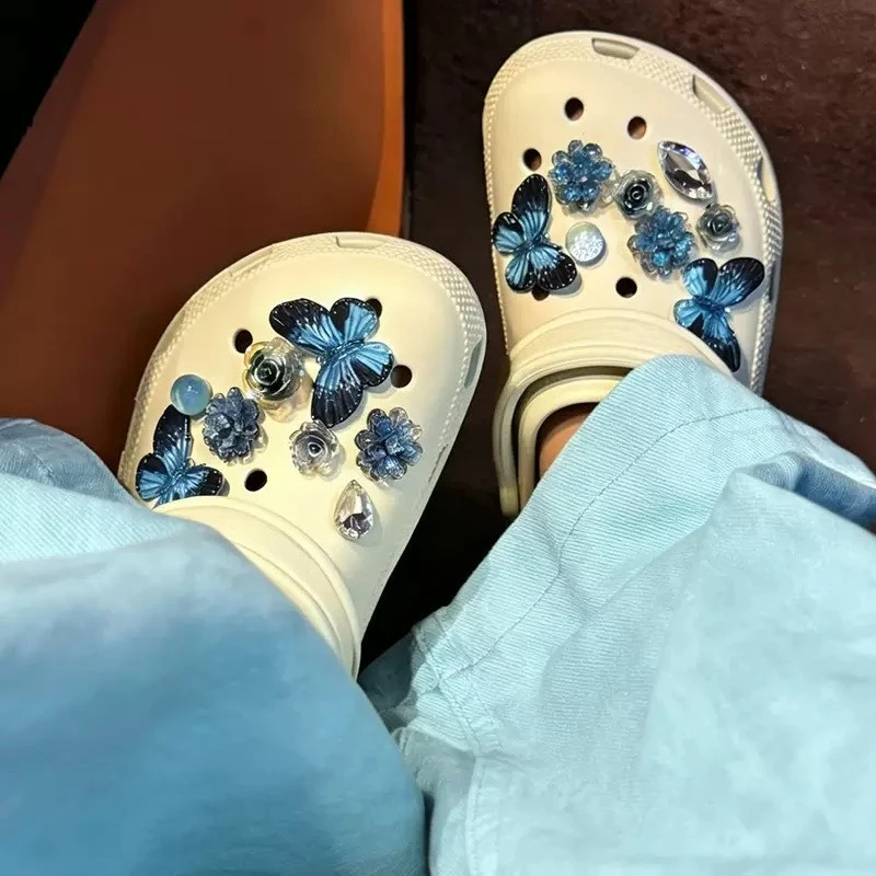 Blue Butterfly Starry Sky Flower Shoe Charms Set DIY Resin Accessories for Summer Hole Sandals Decorations Women Vacation Gifts
