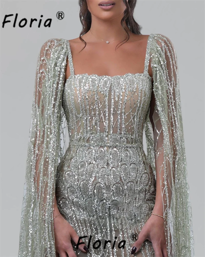 Luxury Dubai Beaded Sequin Evening Dresses with Long Cape Shawls Stunning Beading See Thru Customized Wedding Dress Formal Robes