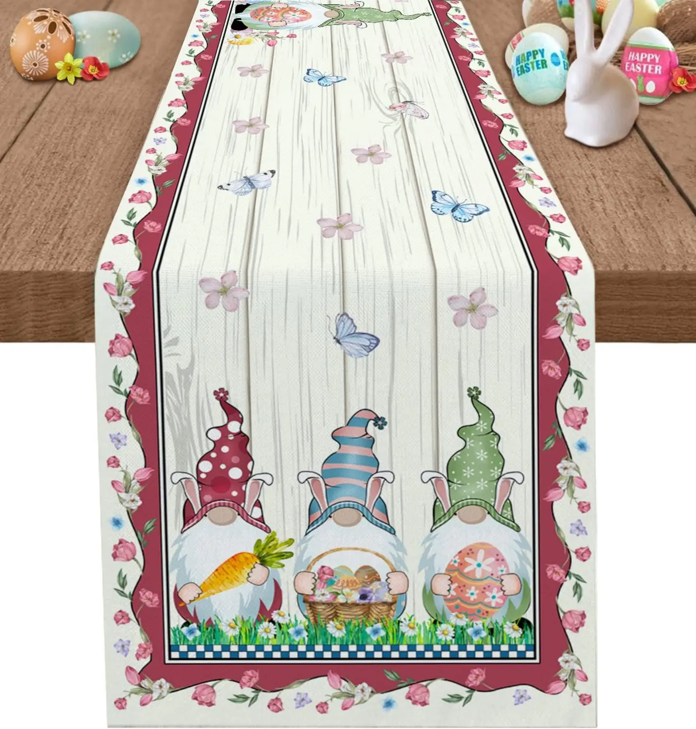 

Easter Butterflies Eggs Leprechauns Rabbits Floral Streak Linen Table Runner for Kitchen Dining Runners for Party Home Decor