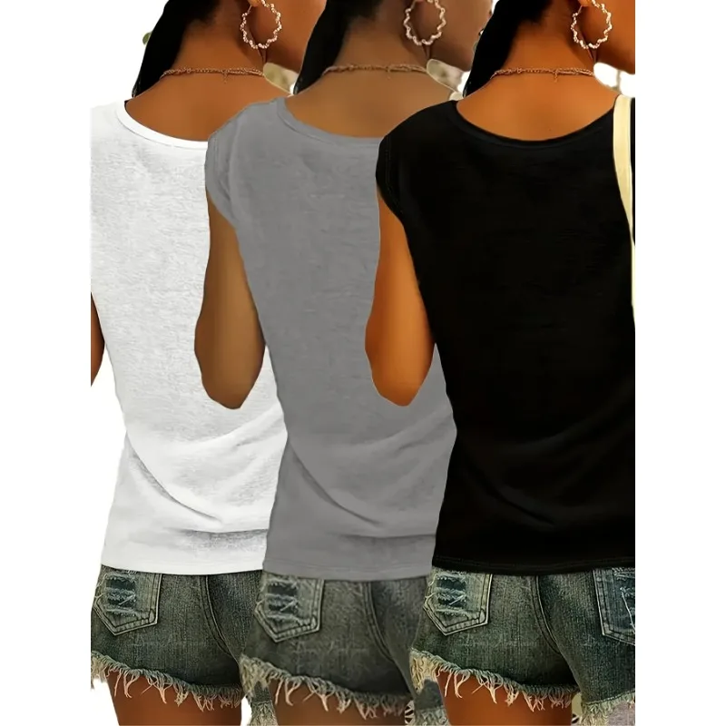 Plus Size Damen Einfarbig Modisches ärmelloses T-Shirt mit V-Ausschnitt Dreiteiliges Set Lässige und lockere Sommer-Street-Tanktops