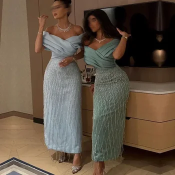 맞춤형 무도회 드레스 클래식 절묘한 하이 퀄리티 저지 플리츠 태슬 스트레이트 V넥 미디 드레스, 격식 있는 패션