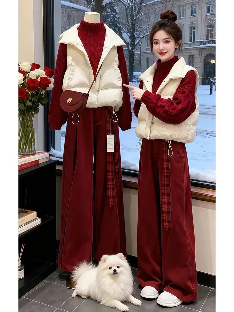 

Christmas Theme Knitted Sweater Vest And Wide Leg Pants Women's Fashion Three-Piece Set Warm Casual Style Long Sleeve Top