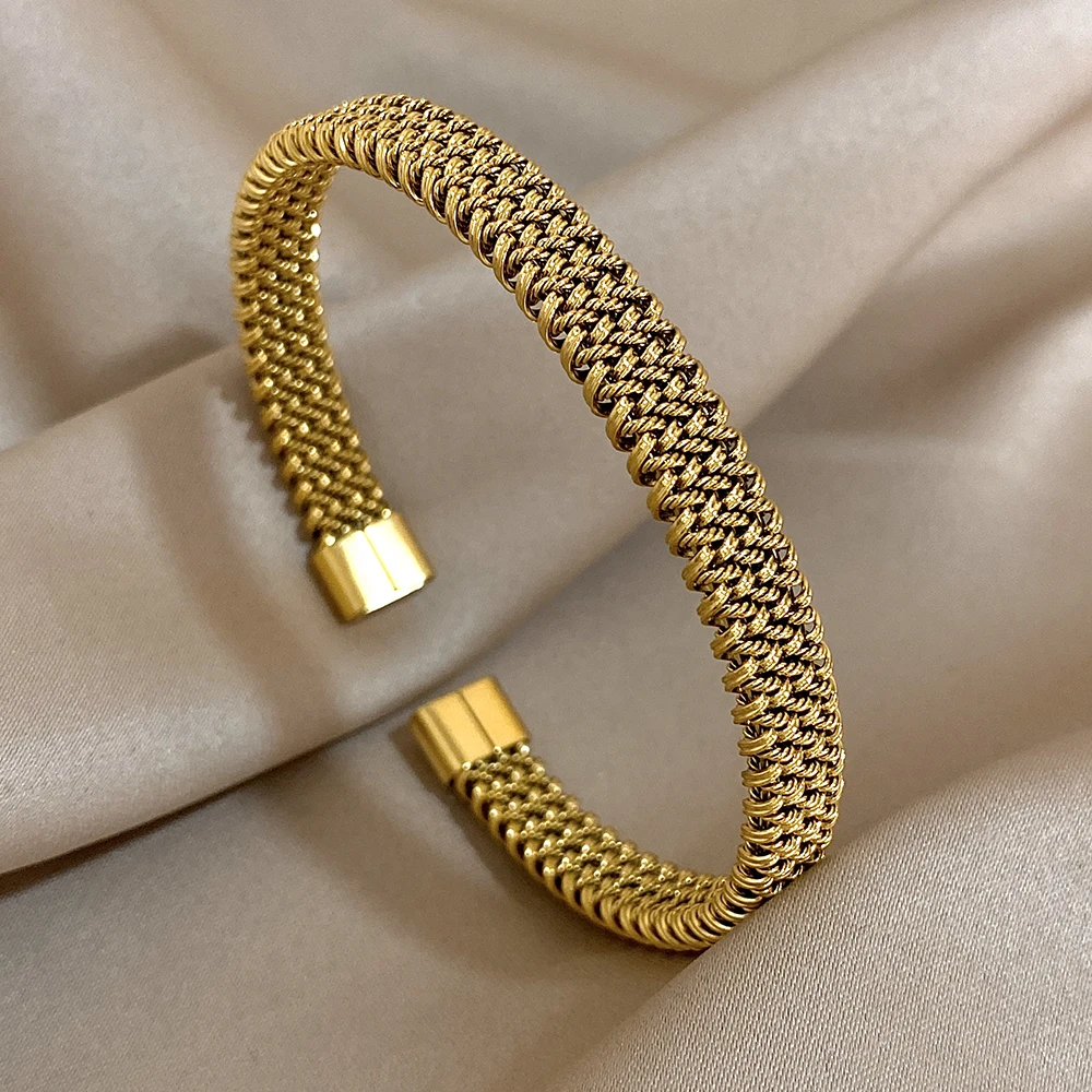 Greatera Stainless Steel Braided Flat C-shaped Opening Bangle Men's Women's Simple Twist Snake Bone Honeycomb Bracelet Jewelry