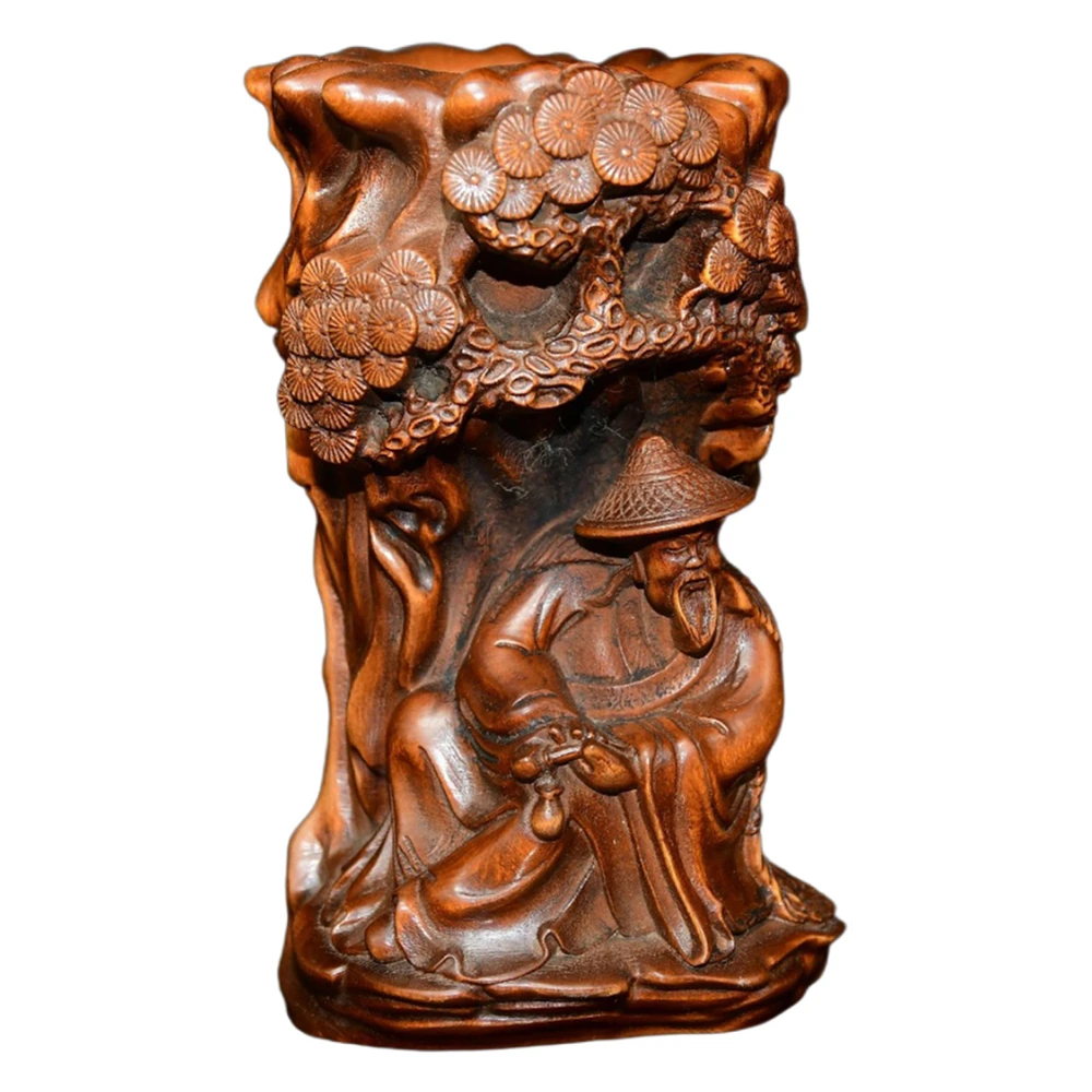 Statu de pêcheur en bois sculpté, Pot à brosse, Figurine traditionnelle chinoise, Sculpture, contenu, prospérité, loisirs