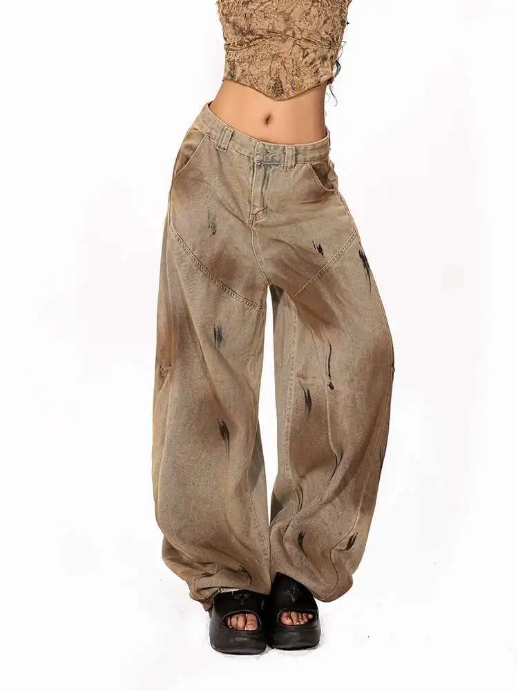 

Arielink American Washed, Worn, Dirty Dyed Wide Leg Jeans For Women In Summer, Tacky Style, Spicy Girl, Curved Knife Pants