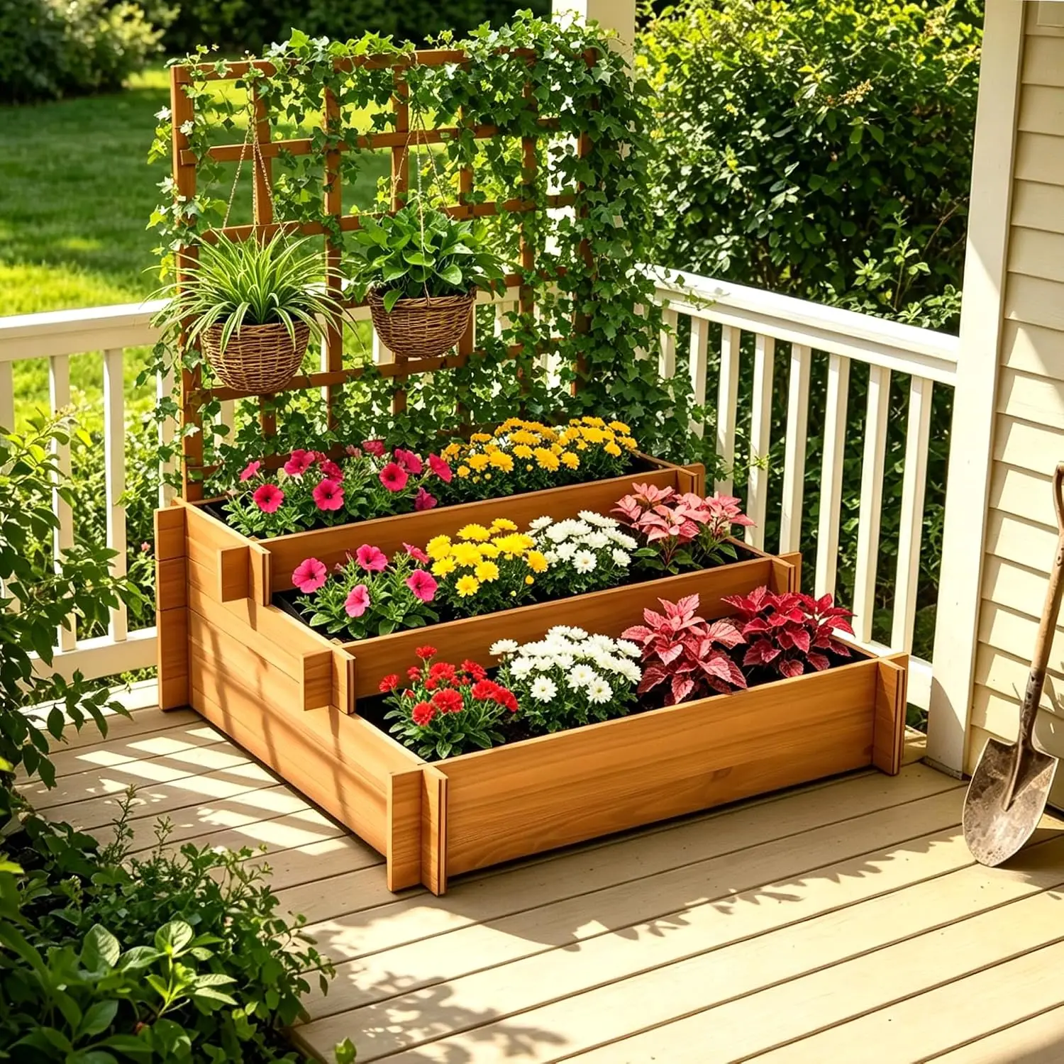 43 Inch 3 Tier Fir Wood Raised Garden Bed Planter with Trellis Tiered Planter Box Plant Stand Flower Pot Holder for Backyard Patio Balcony Vegetables Vines