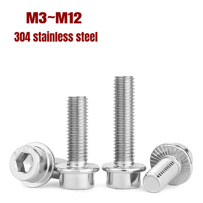 SUS304 Stainless Steel With Washer Flange Socket Head Cap Screw M3~M12 Allen Socket Bolts Length 5mm-60mm