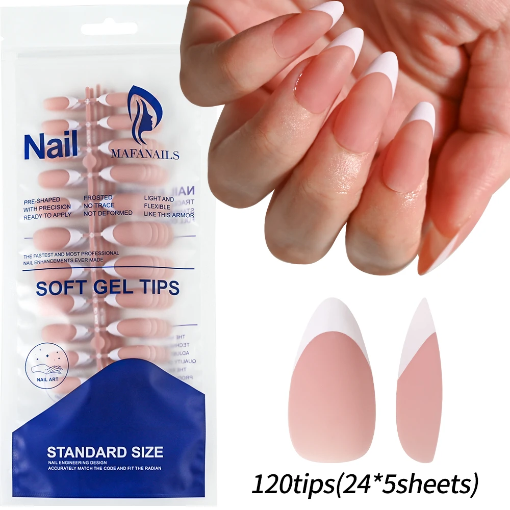 100/120/150pcs White French Matte Pink Press on Nails Medium Long Almond Fake Nails Pre-Colored Gel False Nail Extensions Tips