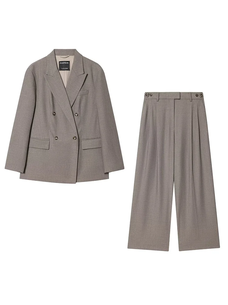 

HH Winter Women Solid Blazer Suit Lapel Double-breasted Long-Sleeved Suit Jacket+Zipper Mid-Waist Button Wide-leg Elegant Pants