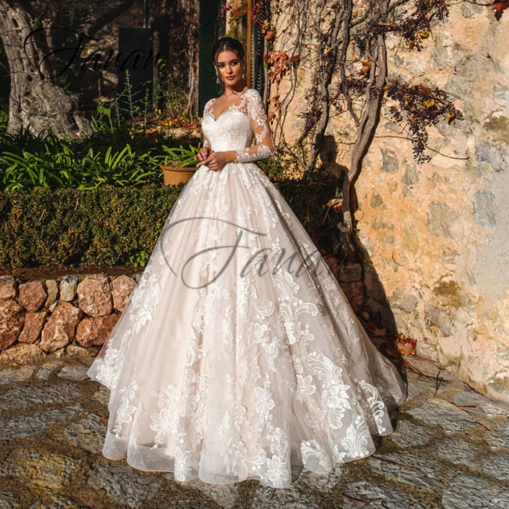 

Scoop Neck Long Sleeve Lace Appliques A-Line Wedding Dresses Luxury Court Train Tulle Prom Party Gown vestido de noiva платье